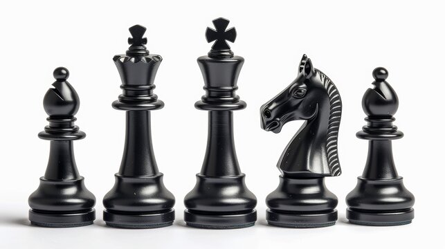 matte black all chess pieces adjacent, white background, clean,