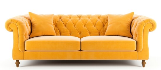 A comfortable, soft yellow couch with two pillows on top of it, isolated on a white background. The cozy sofa adds a pop of color to any interior space.