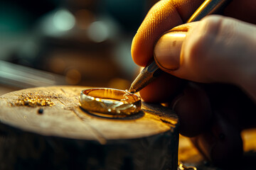 Master jeweler working on a gold ring. Jewelry, craftsmanship, handmade - obrazy, fototapety, plakaty
