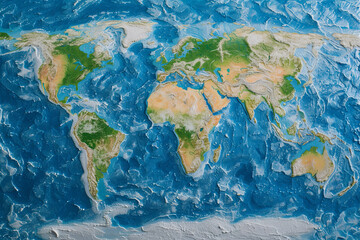 Detailed flat map of continents and oceans on a textured world map on a global satellite photo. Earth view from space