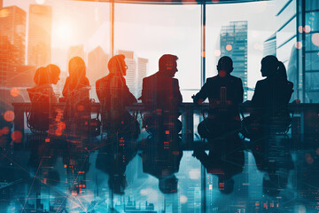 Silhouette of corporate individuals collaborating in an office. Teamwork and partnership concept. Double exposure with network effects