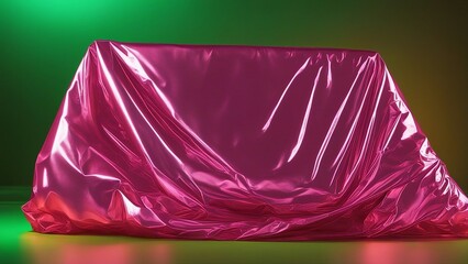red green silk A realistic illustration of a wrinkled plastic wrap on a neon green background.  