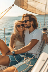 Young couple relaxing on a yacht cruise - Two lovers savoring their summer vacation experience on a sailboat at sea - Concept of summertime holidays and luxury travel
