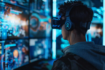 A person wearing headphones and a virtual reality headset