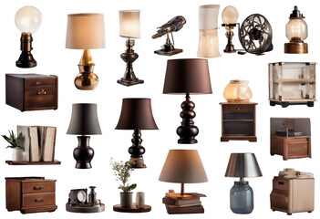 Collection Set of different decor styles of retro vantage and modern bedside nightstand lighting tab