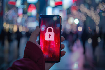 Fototapeta premium A person is holding a cell phone with a padlock on the screen