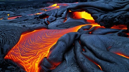 The orange glow of molten magma contrasts starkly against the pitch black of the night a powerful reminder of the destructive force that lies beneath the earths surface.
