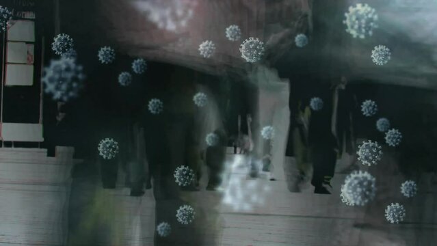 Animation of white viruses over slow motion people walking in city street