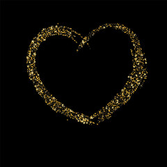 Obraz premium Confetti with gold glitter in the shape of a heart on a black background. Shiny particles and sand are scattered. Decorative element, golden heart. Luxury holiday background, vector