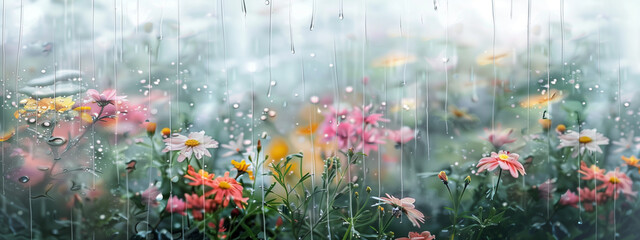 Double exposure of a flower garden and heavy rain, symbolizing the rejuvenation and growth that come from embracing life's storms. - obrazy, fototapety, plakaty