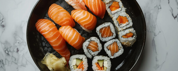 Fresh sushi assortment on a sleek black plate. Top down view on a minimalist white surface Top view space to copy
