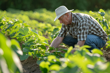 Agronomist inspecting young soybean plants in a cultivated agricultural field