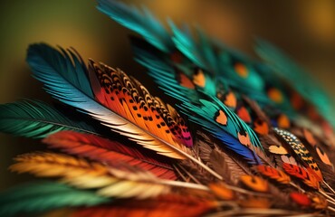Closeup abstract background image of colorful ring-necked pheasant feathers