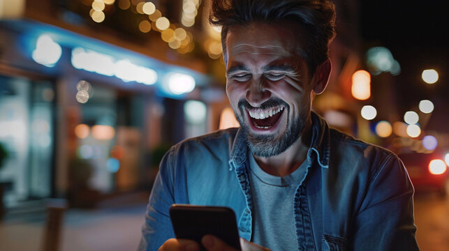 A business owner holding a phone, excitedly watching the follower count rise after a successful ad campaign, businesses leveraging social media, blurred background, with copy space