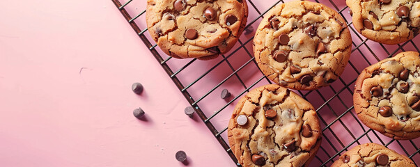 Freshly baked chocolate chip cookies on a cooling rack. Top down view on a soft pastel background Top view space to copy