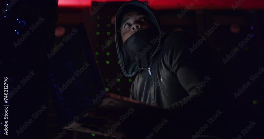 Leinwandbilder Computer, hacker and people running for alarm, crime and virus installation in server room. Face mask, hacking and crypto coding with criminal, phishing and fraud hardware with information tech