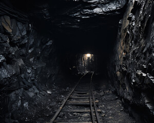 Fototapeta na wymiar Tunnel for coal mining, the mined coal is transported on rails. Industrial coal mining concept.