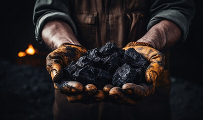 A miner holds a lump of black coal in his hands. Industrial coal mining concept. - obrazy, fototapety, plakaty