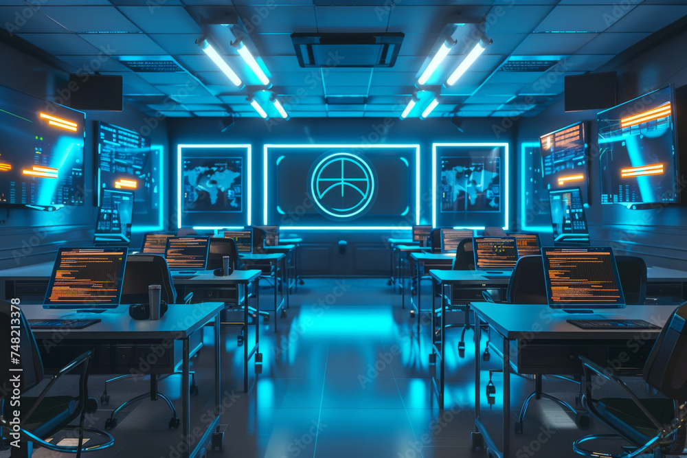 Poster a room with lots of computer monitors and a large screen with a circle on it
