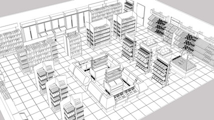 Contour visualization of grocery store isometric view with racks of blank goods. 3d illustration isolated on gray background