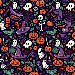 Halloween Pattern with Skulls and Witches