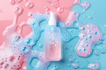 Facial blowout skin care cream. Skincare treatment products: bathroom tile lotion, skincare pollutant gel, oil, pipette with nourishing cream serum and perfume history jar pot