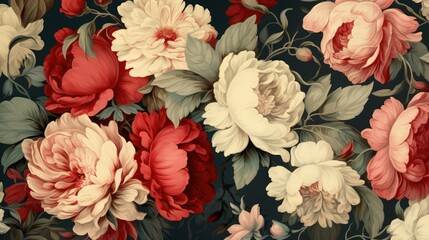 A beautiful floral pattern withç‰¡ä¸¹èŠ±ç››é–‹. The image is dark and moody, with the flowers standing out against the dark background. - obrazy, fototapety, plakaty