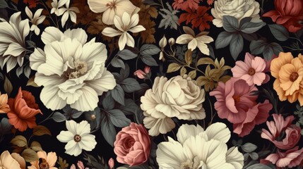 A beautiful floral pattern with white, pink, and yellow flowers on a dark background. The flowers are roses, peonies, and lilies.