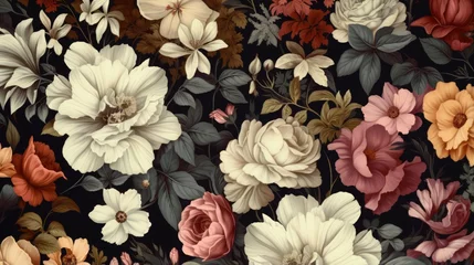 Fototapeten A beautiful floral pattern with white, pink, and yellow flowers on a dark background. The flowers are roses, peonies, and lilies. © Stock