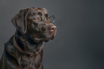 Brown dog with glasses on dark background