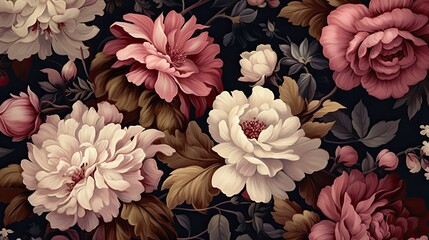 A beautiful floral pattern with pink and whiteç‰¡ä¸¹èŠ±æœµç››å¼€åœ¨æ·±è‰²çš„èƒŒæ™¯ä¸‹ã€‚The flowers are detailed and realistic, and the colors are vibrant and eye-catching. - obrazy, fototapety, plakaty