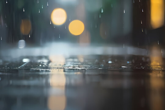  the moody atmosphere of a rainy day with a mesmerizing image of raindrops falling against a blurred background, creating a sense of movement and tranquility , generative ai
