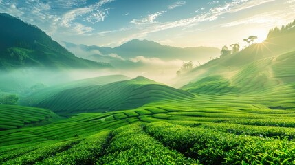 Serene green tea fields at sunrise, misty mountains in the background, essence of nature and freshness