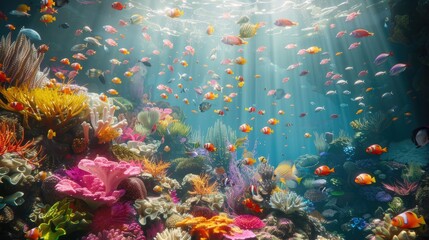 Fototapeta na wymiar Underwater paradise of a coral reef, teeming with life, vivid colors, sunlight filtering through water - ultra-realistic