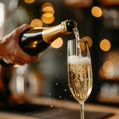 Hand pouring out sparkling wine from a bottle in a glass created with Generative AI