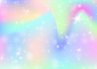Obraz premium Unicorn background with rainbow mesh. Multicolor universe banner in princess colors. Fantasy gradient backdrop with hologram. Holographic unicorn background with magic sparkles, stars and blurs.