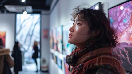 Woman Contemplating Artwork at Gallery Exhibition A thoughtful woman deeply engaged in viewing vibrant digital art exhibits at a contemporary art gallery.