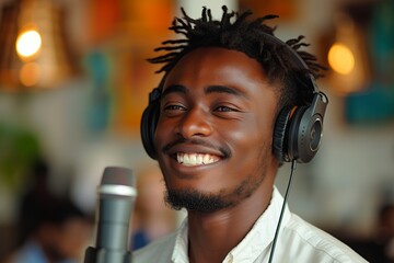 A happy young African American man enjoying music with earphones, exuding style and joy - obrazy, fototapety, plakaty