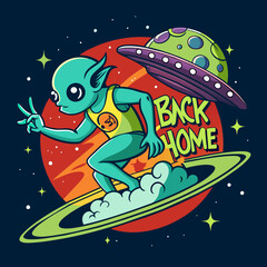 Alien sufferting on water with ufo back to home text tshirt sticker design 