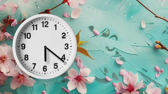 Spring time, spring ahead, time, time passing, hours, wall clock spinning animation through the hours on a spring time themed background
