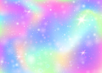 Naklejka na ściany i meble Hologram background with rainbow mesh. Girlish universe banner in princess colors. Fantasy gradient backdrop. Hologram magic background with fairy sparkles, stars and blurs.