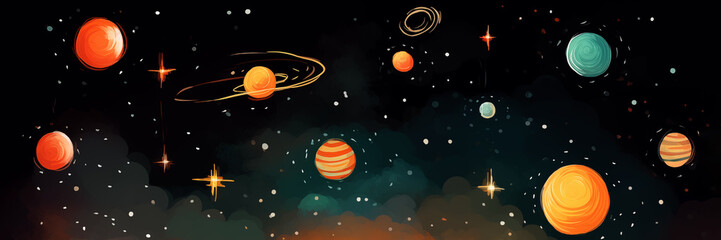 Planetary panorama. Variety of planets and stars, colorful space landscape background banner. Panoramic web header. Wide screen wallpaper