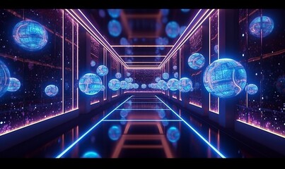 Futuristic sci-fi spaceship interior with a futuristic corridor in 
space station with glowing neon lights background and glossy reflective walls and transparent glass - obrazy, fototapety, plakaty