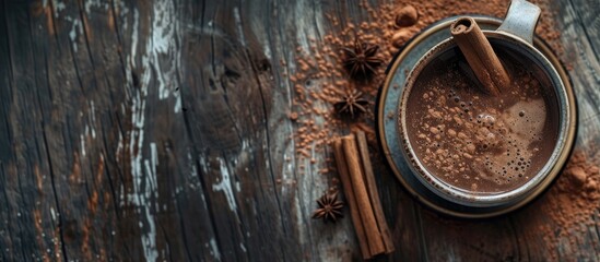 A mug filled with hot chocolate made with cocoa powder and garnished with cinnamon sticks, placed on a weathered wooden table. The shot is taken from a low angle, emphasizing the warm and inviting