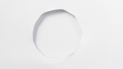 hole in white paper mockup blank for design, Smooth hole edge, natural shade. Paper, pierce, hole, top angle, texture