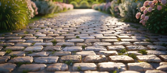 A cobblestone road lined with vibrant pink flowers on either side, creating a colorful and inviting pathway for pedestrians to stroll along. - obrazy, fototapety, plakaty