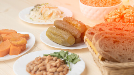 Orthodox Lenten food, beans, pickled cucumbers, boiled potatoes, boiled pumpkin, food during Great Orthodox Lent