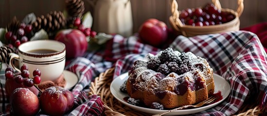 Obraz na płótnie Canvas A table is set with a delicious plum cake covered in a generous dusting of powdered sugar, creating a cozy and inviting scene on a wicker tray. The plaid tablecloth adds to the warmth and comfort of