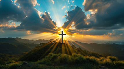 A cross on a hilltop with rays of sunlight breaking through the clouds above, a powerful symbol of enlightenment and rebirth - obrazy, fototapety, plakaty