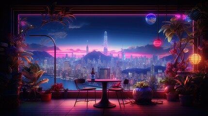 A stunning view of a futuristic city from a rooftop bar. The city is bathed in the warm glow of the setting sun, and the sky is a deep purple.